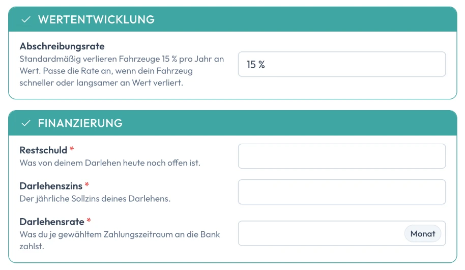 Formular Fahrzeug im Normalmodus: Wertentwicklung und Finanzierung mit kurzen Feldbeschreibungen, ohne Hinweise