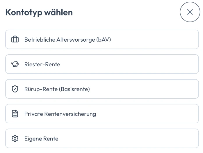 Kontotyp wählen in Solventer: betriebliche Altersvorsorge, Riester-Rente, Rürup-Rente, private Rentenversicherung und eigene Rente als Altersvorsorge-Konten
