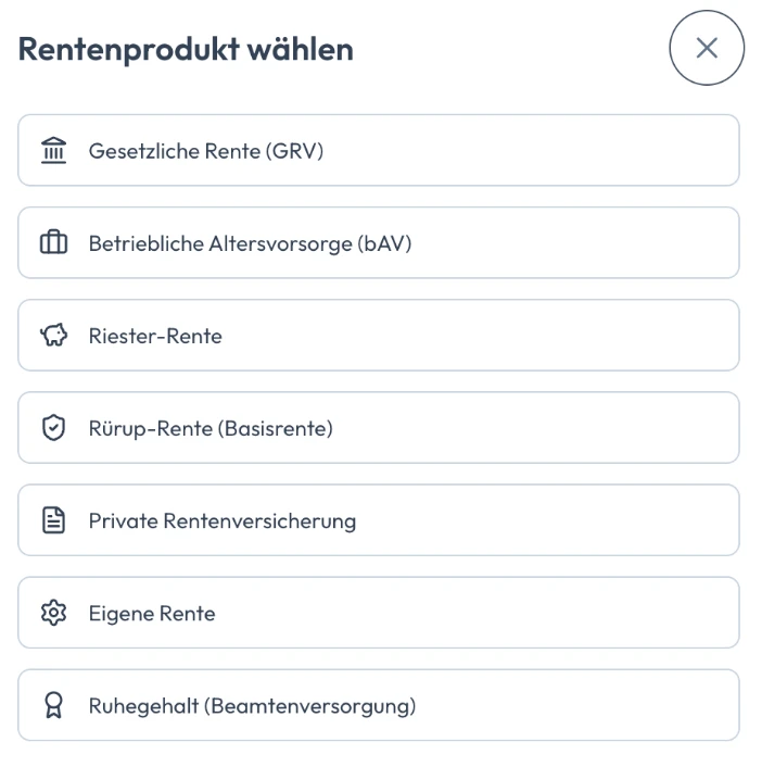 Rentenprodukt wählen in Solventer: gesetzliche Rente, betriebliche Altersvorsorge, Riester-, Rürup- und private Rente, eigene Rente und Ruhegehalt