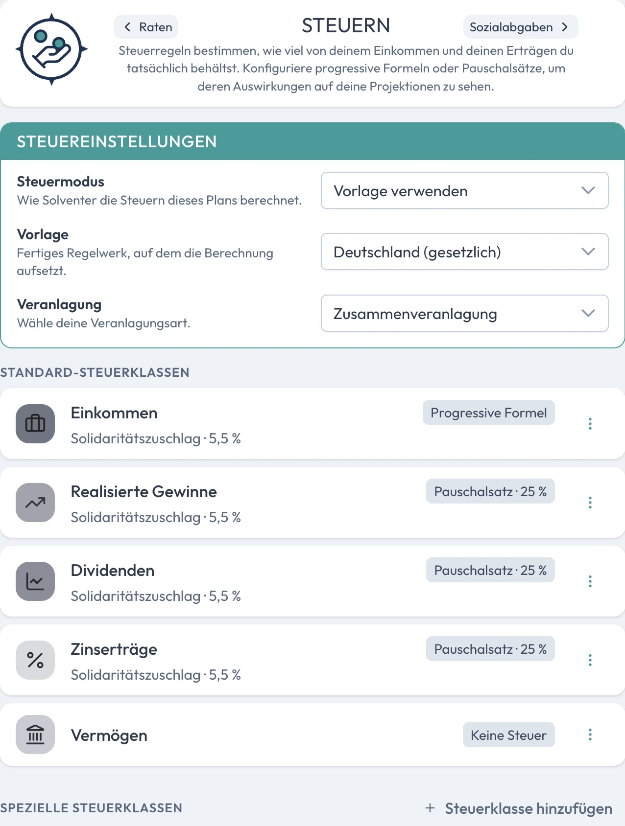 Steuerseite in Solventer: gesetzliche Vorlage für Deutschland, Zusammenveranlagung und Steuerklassen für Einkommen, realisierte Gewinne, Dividenden und Zinserträge