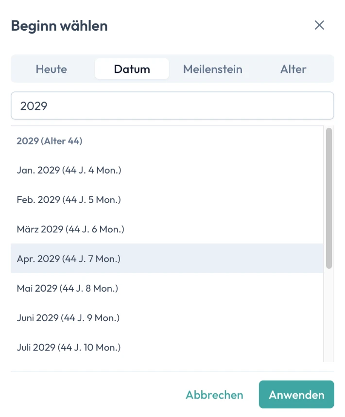 Reiter Datum: ein Monat aus einer Liste, jeweils mit dem Alter zu diesem Zeitpunkt