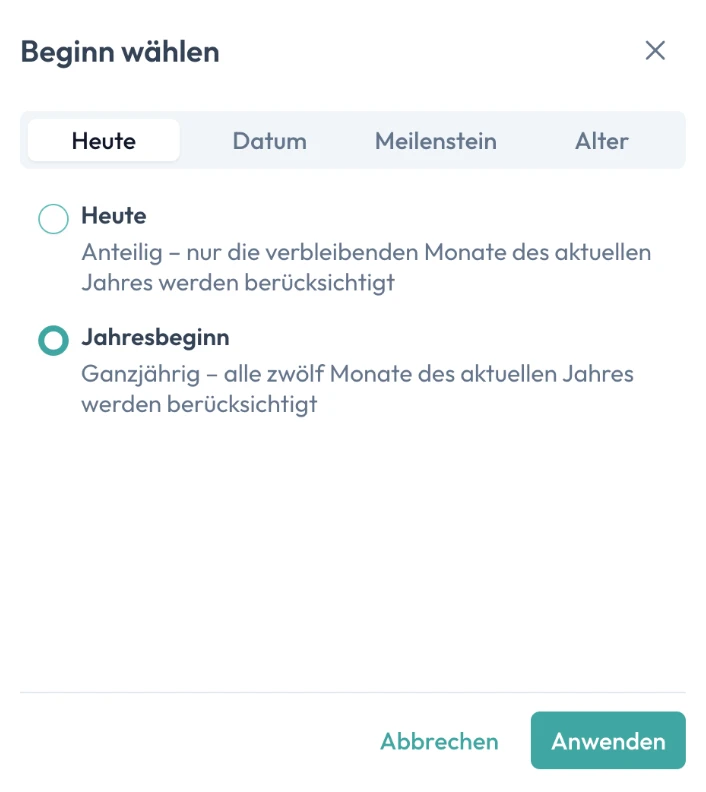 Auswahldialog „Beginn wählen“, Reiter Heute: anteilig ab heute oder ganzjährig ab Jahresbeginn