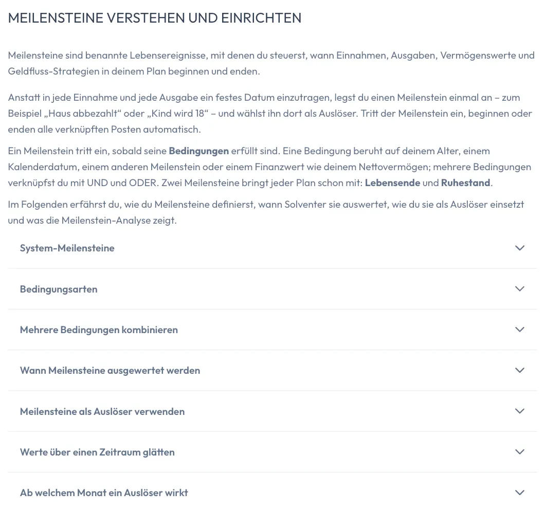 Tab „Tipps“ in Solventer mit der Einführung zu Meilensteinen und der Liste der zugeklappten Themen