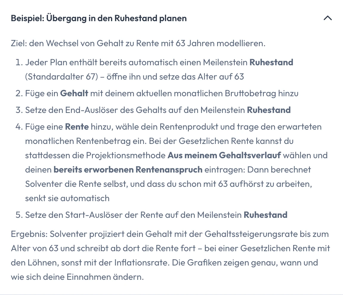 Tipps in Solventer: das Beispiel „Übergang in den Ruhestand planen“ Schritt für Schritt