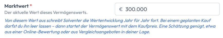 Hinweis am Feld Marktwert, der erklärt, wie Solventer den Wert fortschreibt