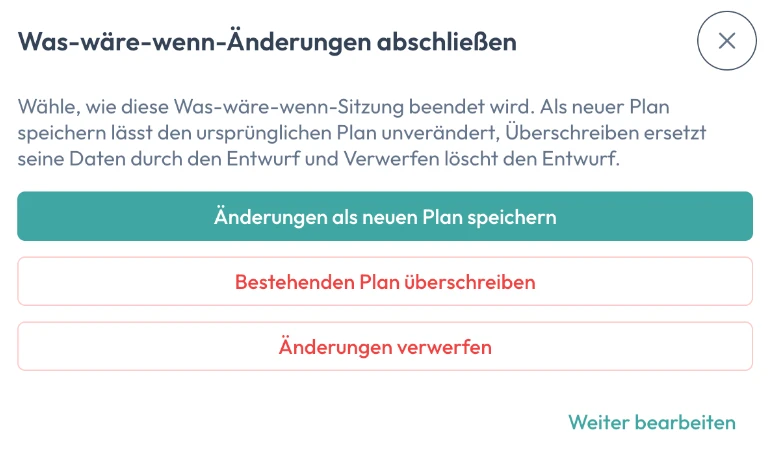 Dialog Was-wäre-wenn-Änderungen abschließen: als neuen Plan speichern, bestehenden Plan überschreiben oder Änderungen verwerfen